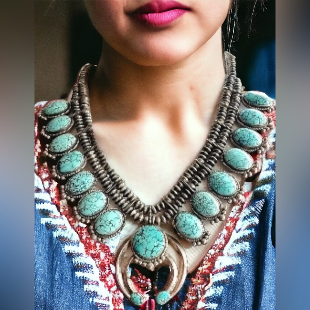 Authentic Navajo Esther Wood Sterling Silver Turquoise Squash Blossom Necklace - Picture 5 of 12